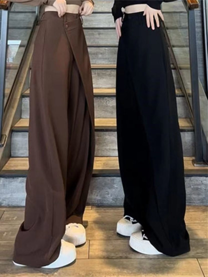 <br>タックワイドパンツ レディース 低身長 ボトムス 美シルエット ハイウエスト カジュアル 春 夏 薄手 イージーパンツ プリーツパンツ ワイドパンツ 不規則 ボタン タック スラックス タックパンツ ロング丈 きれいめ 通勤 オフィス 体型カバー ゆったり 送料無料