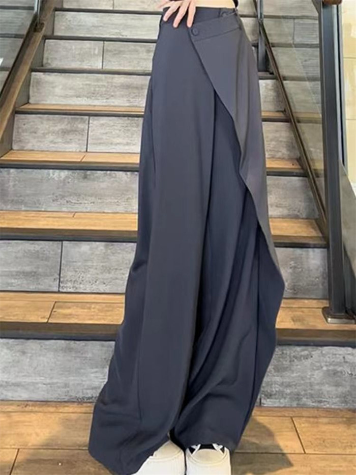 <br>タックワイドパンツ レディース 低身長 ボトムス 美シルエット ハイウエスト カジュアル 春 夏 薄手 イージーパンツ プリーツパンツ ワイドパンツ 不規則 ボタン タック スラックス タックパンツ ロング丈 きれいめ 通勤 オフィス 体型カバー ゆったり 送料無料