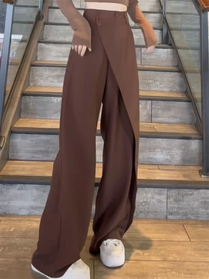 <br>タックワイドパンツ レディース 低身長 ボトムス 美シルエット ハイウエスト カジュアル 春 夏 薄手 イージーパンツ プリーツパンツ ワイドパンツ 不規則 ボタン タック スラックス タックパンツ ロング丈 きれいめ 通勤 オフィス 体型カバー ゆったり 送料無料