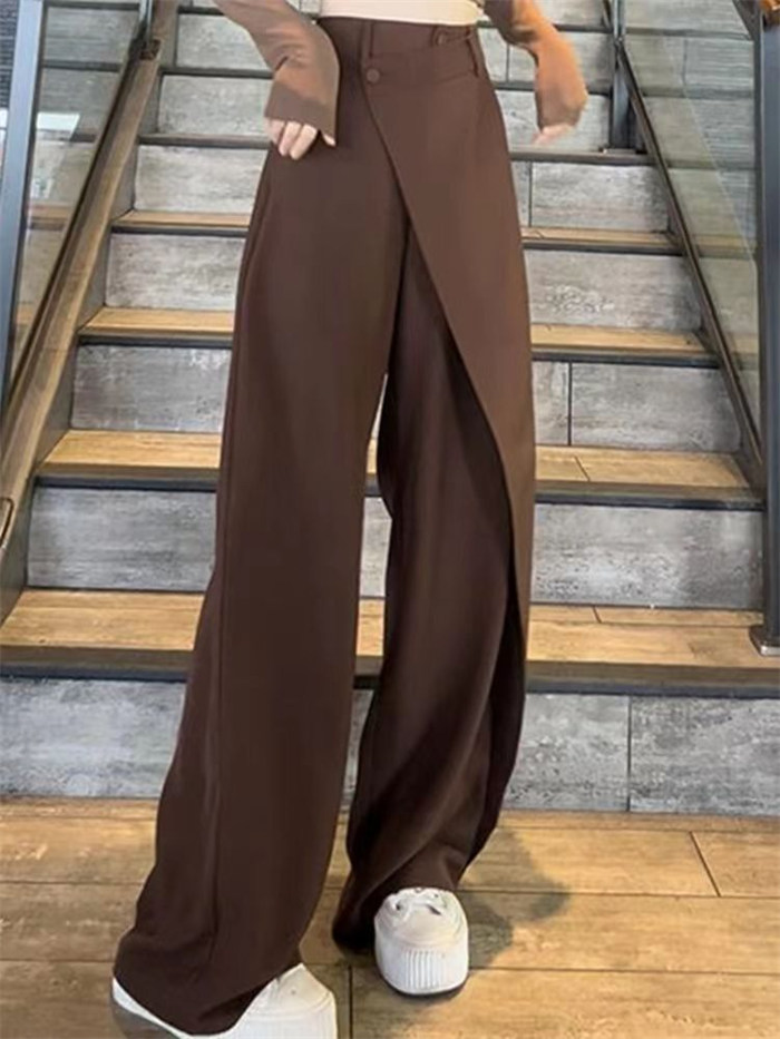 <br>タックワイドパンツ レディース 低身長 ボトムス 美シルエット ハイウエスト カジュアル 春 夏 薄手 イージーパンツ プリーツパンツ ワイドパンツ 不規則 ボタン タック スラックス タックパンツ ロング丈 きれいめ 通勤 オフィス 体型カバー ゆったり 送料無料