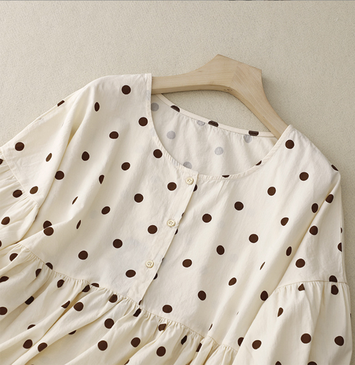 シャツブラウス レディース ドット柄 チュニック スタンドカラー シャツ ブラウス 七分袖 バルーンスリーブ トップス カジュアル 大きいサイズ 体型カバー ゆったり 通勤 春夏 シンプル 涼しい 着回し 柔らかい おしゃれ 可愛い 送料無料