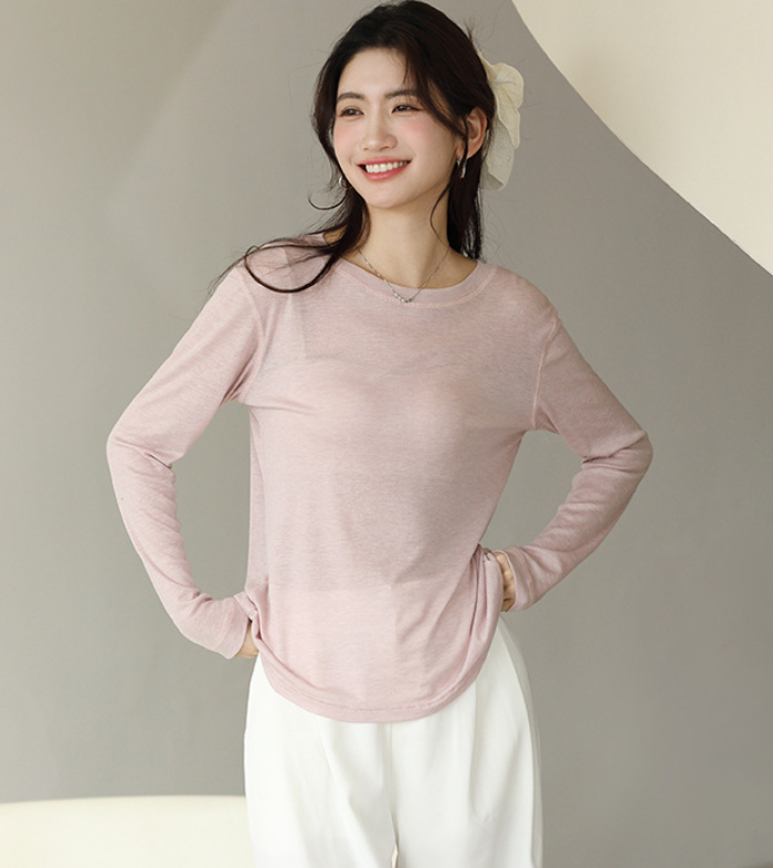 tシャツ レイヤード シアー トップス シャツ 長袖  重ね着 シアートップス Uネック インナー クルーネック 体型カバー UVカット UV 紫外線 シアーロングスリーブTシャツ 透け感 ベーシック 夏 春 20 30 40 50代