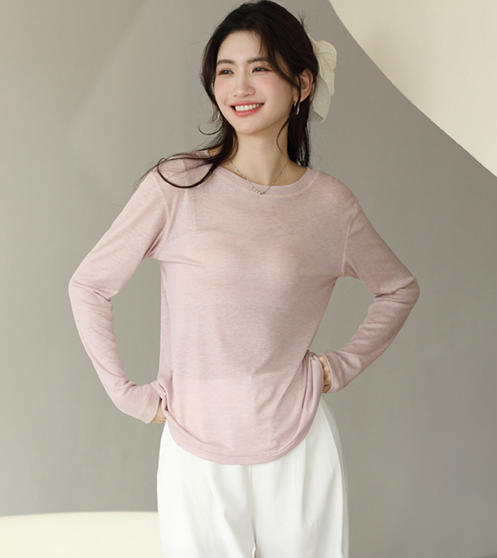 tシャツ レイヤード シアー トップス シャツ 長袖  重ね着 シアートップス Uネック インナー クルーネック 体型カバー UVカット UV 紫外線 シアーロングスリーブTシャツ 透け感 ベーシック 夏 春 20 30 40 50代