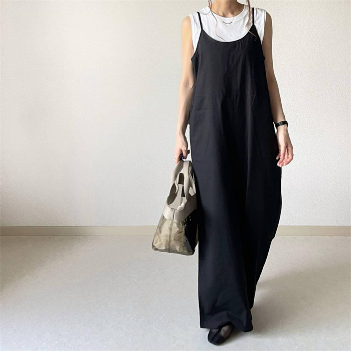 オールインワン サロペット レディース 薄手 夏 ワイドパンツ きれいめ 黒 大きめ 大きいサイズ ノースリーブ 無地 キャミソール パンツ オーバーオール ロング つなぎ シンプル ポケット Ｖネック 大人カジュアル 体型カバー ゆったり 送料無料