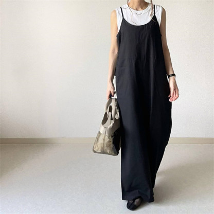 オールインワン サロペット レディース 薄手 夏 ワイドパンツ きれいめ 黒 大きめ 大きいサイズ ノースリーブ 無地 キャミソール パンツ オーバーオール ロング つなぎ シンプル ポケット Ｖネック 大人カジュアル 体型カバー ゆったり 送料無料