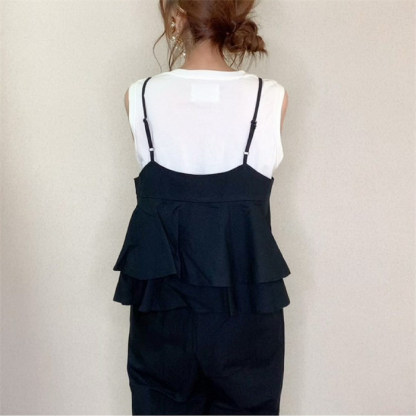 オールインワン サロペット レディース 薄手 夏 ワイドパンツ きれいめ 黒 大きめ 大きいサイズ ノースリーブ 無地 キャミソール パンツ オーバーオール ロング つなぎ シンプル ポケット Ｖネック 大人カジュアル 体型カバー ゆったり 送料無料