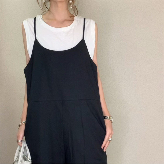 オールインワン サロペット レディース 薄手 夏 ワイドパンツ きれいめ 黒 大きめ 大きいサイズ ノースリーブ 無地 キャミソール パンツ オーバーオール ロング つなぎ シンプル ポケット Ｖネック 大人カジュアル 体型カバー ゆったり 送料無料