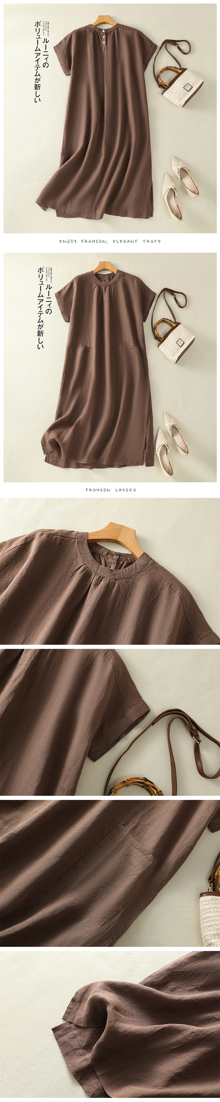 ロングワンピース 夏 半袖 レディース きれいめ 綿混 ワンピース ミモレ丈 楽ちん 体型カバー シャツワンピース 綿混 麻風 森ガール リネン風 リネン風ワンピース ゆったり シンプル 無地 カジュアル ポケット プリーツ 大人可愛い 送料無料