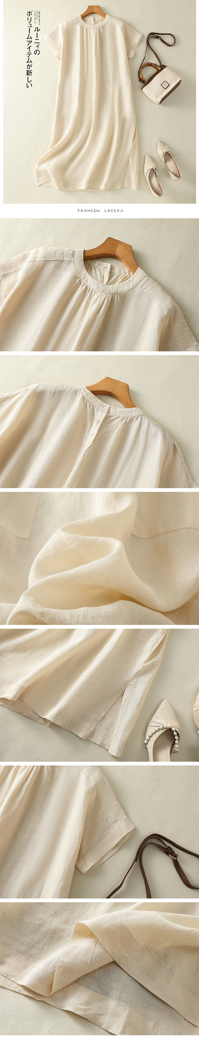 ロングワンピース 夏 半袖 レディース きれいめ 綿混 ワンピース ミモレ丈 楽ちん 体型カバー シャツワンピース 綿混 麻風 森ガール リネン風 リネン風ワンピース ゆったり シンプル 無地 カジュアル ポケット プリーツ 大人可愛い 送料無料