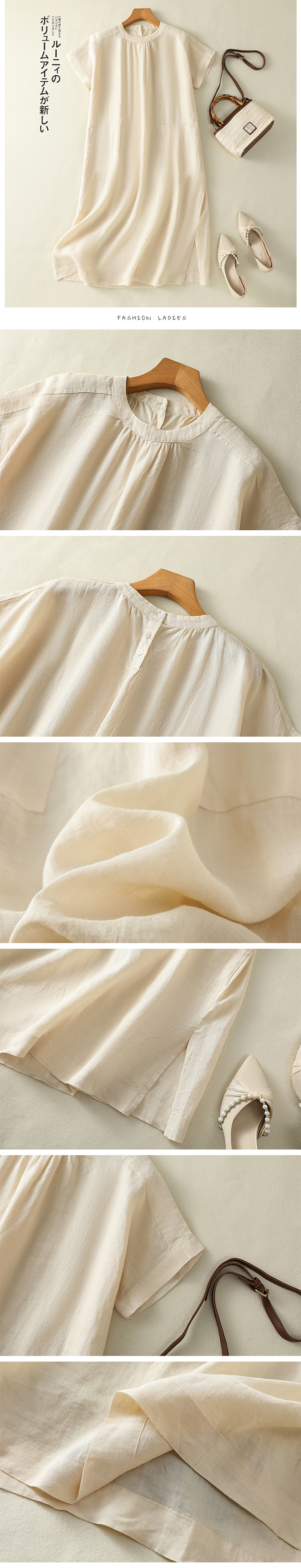 ロングワンピース 夏 半袖 レディース きれいめ 綿混 ワンピース ミモレ丈 楽ちん 体型カバー シャツワンピース 綿混 麻風 森ガール リネン風 リネン風ワンピース ゆったり シンプル 無地 カジュアル ポケット プリーツ 大人可愛い 送料無料