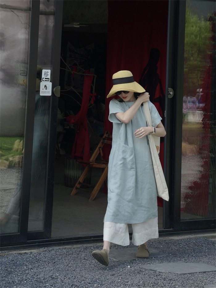 ロングワンピース 夏 半袖 レディース きれいめ 綿混 ワンピース ミモレ丈 楽ちん 体型カバー シャツワンピース 綿混 麻風 森ガール リネン風 リネン風ワンピース ゆったり シンプル 無地 カジュアル ポケット プリーツ 大人可愛い 送料無料