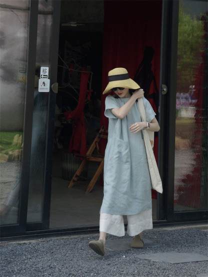 ロングワンピース 夏 半袖 レディース きれいめ 綿混 ワンピース ミモレ丈 楽ちん 体型カバー シャツワンピース 綿混 麻風 森ガール リネン風 リネン風ワンピース ゆったり シンプル 無地 カジュアル ポケット プリーツ 大人可愛い 送料無料