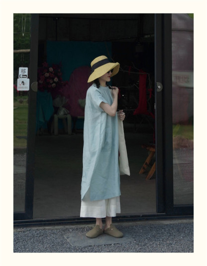 ロングワンピース 夏 半袖 レディース きれいめ 綿混 ワンピース ミモレ丈 楽ちん 体型カバー シャツワンピース 綿混 麻風 森ガール リネン風 リネン風ワンピース ゆったり シンプル 無地 カジュアル ポケット プリーツ 大人可愛い 送料無料