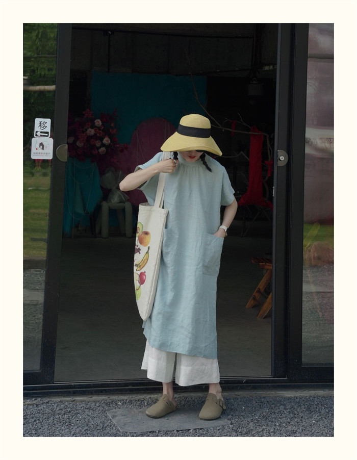 ロングワンピース 夏 半袖 レディース きれいめ 綿混 ワンピース ミモレ丈 楽ちん 体型カバー シャツワンピース 綿混 麻風 森ガール リネン風 リネン風ワンピース ゆったり シンプル 無地 カジュアル ポケット プリーツ 大人可愛い 送料無料