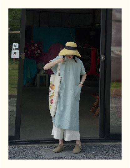 ロングワンピース 夏 半袖 レディース きれいめ 綿混 ワンピース ミモレ丈 楽ちん 体型カバー シャツワンピース 綿混 麻風 森ガール リネン風 リネン風ワンピース ゆったり シンプル 無地 カジュアル ポケット プリーツ 大人可愛い 送料無料