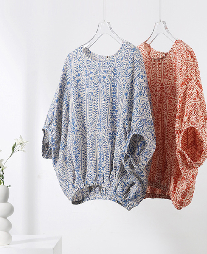 ブラウス レディース tシャツ 夏 七分袖シャツ バルーンスリーブ ゆるゆる ゆったり トップス シャツ クルーネック 体型カバー レトロ クラシカル ベーシック 花柄 快適 通勤 シンプル リボン 可愛い おしゃれ 薄手 春 30 40 50代