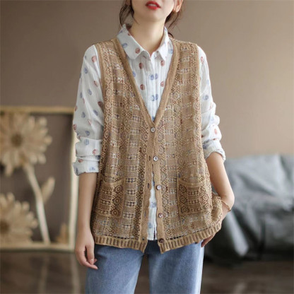 ジレ レディース 50代 ノーカラー ショート ロング ベスト おしゃれ サマーニット 薄手 サマーベスト ニットベスト レディース 前開き トップス 大きいサイズ 春夏 夏 ショート丈 透かし編み 重ね着 カジュアル 送料無料 通勤 可愛い クロシェ編み