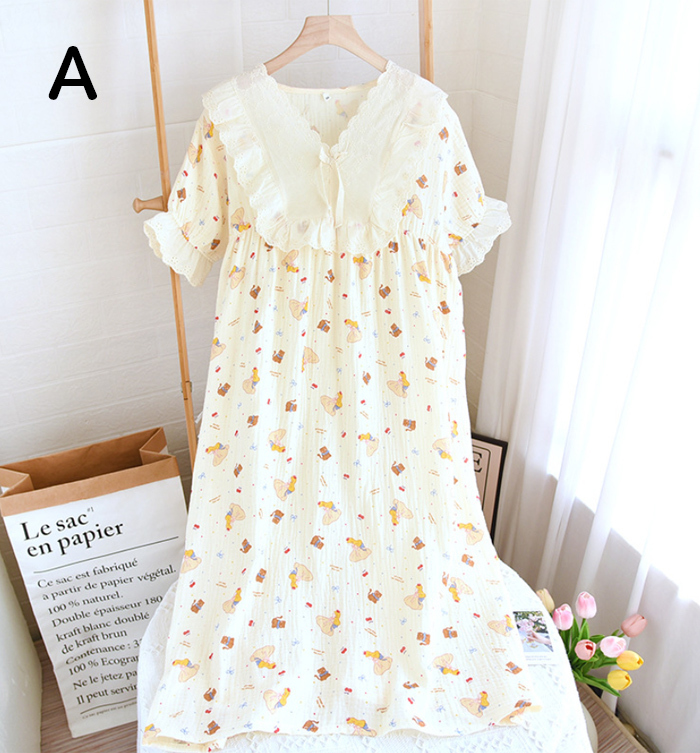 ネグリジェ 2重ガーゼ レース 綿100% コットン100% フリル 総柄 春夏 夏 半袖 ロング ナイトウエア ナイトドレス ルームウエア パジャマ 部屋着 北欧風 可愛い ゆったり 上品 高級