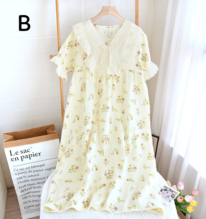 ネグリジェ 2重ガーゼ レース 綿100% コットン100% フリル 総柄 春夏 夏 半袖 ロング ナイトウエア ナイトドレス ルームウエア パジャマ 部屋着 北欧風 可愛い ゆったり 上品 高級