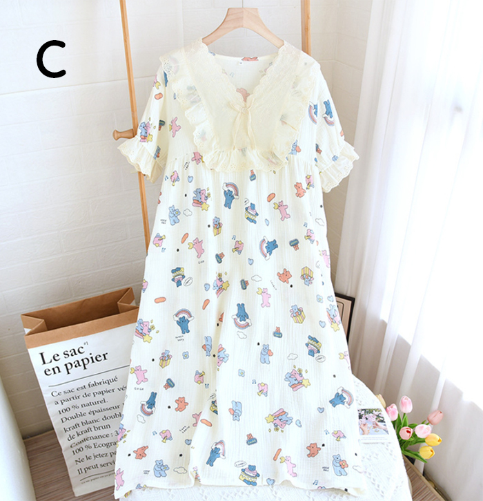 ネグリジェ 2重ガーゼ レース 綿100% コットン100% フリル 総柄 春夏 夏 半袖 ロング ナイトウエア ナイトドレス ルームウエア パジャマ 部屋着 北欧風 可愛い ゆったり 上品 高級