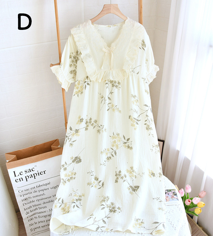 ネグリジェ 2重ガーゼ レース 綿100% コットン100% フリル 総柄 春夏 夏 半袖 ロング ナイトウエア ナイトドレス ルームウエア パジャマ 部屋着 北欧風 可愛い ゆったり 上品 高級