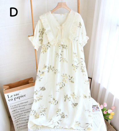 ネグリジェ 2重ガーゼ レース 綿100% コットン100% フリル 総柄 春夏 夏 半袖 ロング ナイトウエア ナイトドレス ルームウエア パジャマ 部屋着 北欧風 可愛い ゆったり 上品 高級