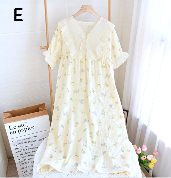 ネグリジェ 2重ガーゼ レース 綿100% コットン100% フリル 総柄 春夏 夏 半袖 ロング ナイトウエア ナイトドレス ルームウエア パジャマ 部屋着 北欧風 可愛い ゆったり 上品 高級