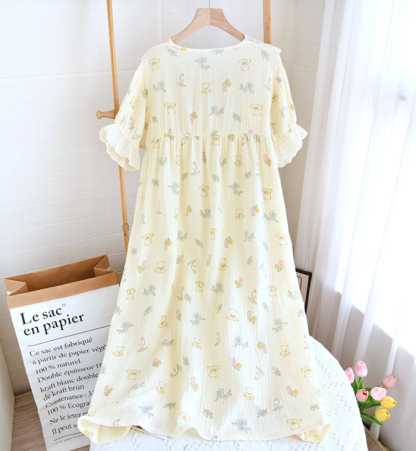 ネグリジェ 2重ガーゼ レース 綿100% コットン100% フリル 総柄 春夏 夏 半袖 ロング ナイトウエア ナイトドレス ルームウエア パジャマ 部屋着 北欧風 可愛い ゆったり 上品 高級