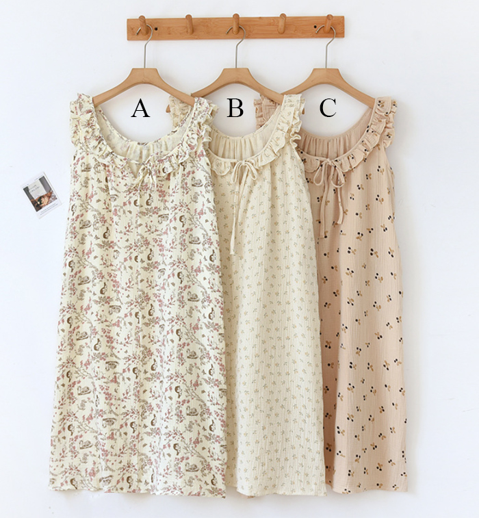 ネグリジェ キャミソール ワンピース ノースリーブ ガーゼ レース 綿100% コットン フリル 総柄 春夏 夏 ロング ナイトウエア ナイトドレス ルームウエア パジャマ 部屋着 北欧風 可愛い ゆったり 上品 高級