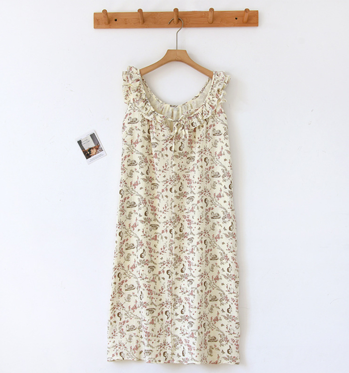 ネグリジェ キャミソール ワンピース ノースリーブ ガーゼ レース 綿100% コットン フリル 総柄 春夏 夏 ロング ナイトウエア ナイトドレス ルームウエア パジャマ 部屋着 北欧風 可愛い ゆったり 上品 高級