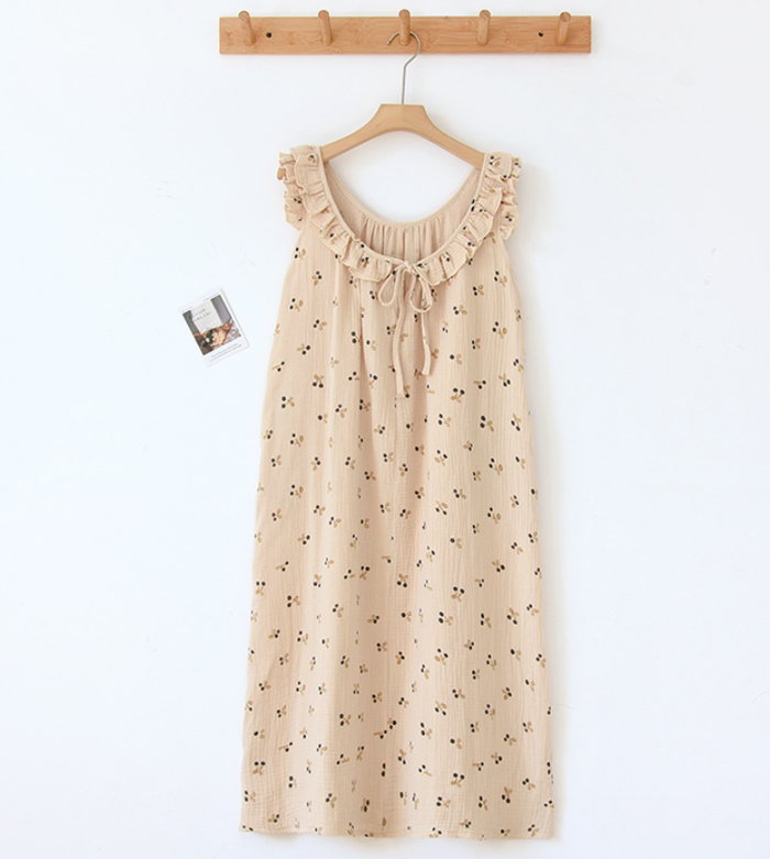 ネグリジェ キャミソール ワンピース ノースリーブ ガーゼ レース 綿100% コットン フリル 総柄 春夏 夏 ロング ナイトウエア ナイトドレス ルームウエア パジャマ 部屋着 北欧風 可愛い ゆったり 上品 高級