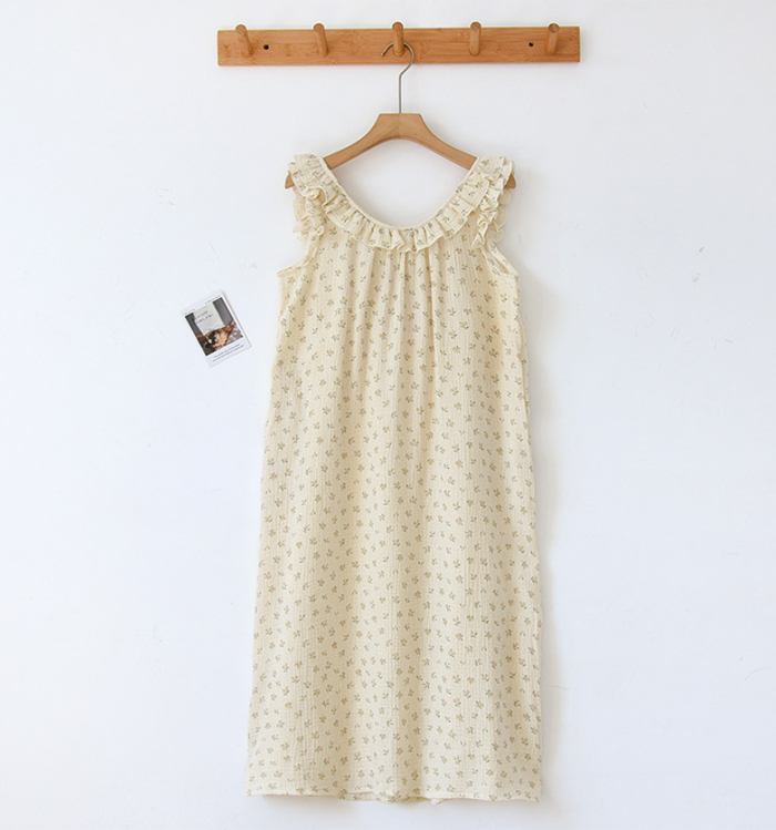 ネグリジェ キャミソール ワンピース ノースリーブ ガーゼ レース 綿100% コットン フリル 総柄 春夏 夏 ロング ナイトウエア ナイトドレス ルームウエア パジャマ 部屋着 北欧風 可愛い ゆったり 上品 高級