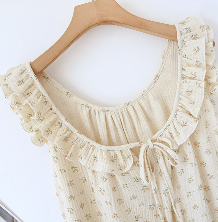 ネグリジェ キャミソール ワンピース ノースリーブ ガーゼ レース 綿100% コットン フリル 総柄 春夏 夏 ロング ナイトウエア ナイトドレス ルームウエア パジャマ 部屋着 北欧風 可愛い ゆったり 上品 高級