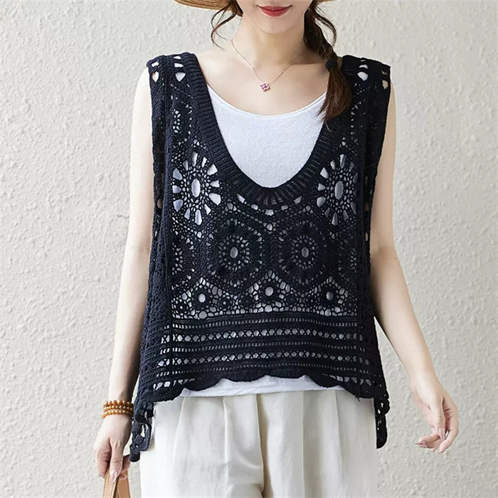 ベスト レディース 春夏 トップス 透かし編み プルオーバー Uネック かぎ編み カジュアル 無地 レイヤード ニットベスト きれいめ フェミニン ノースリーブ 大人可愛い 羽織 体型カバー 着痩せ おしゃれ 大きいサイズ 送料無料 クロシェ編み