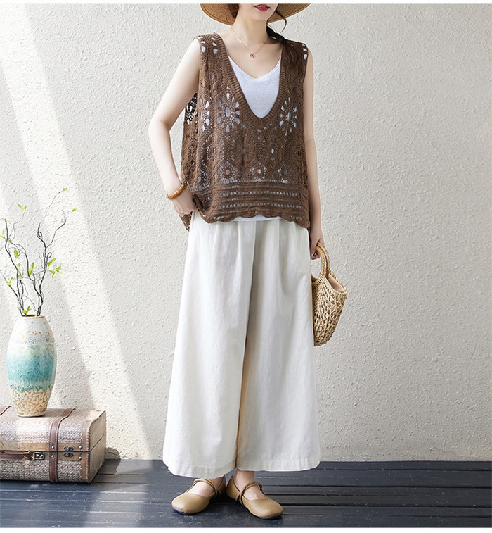 ベスト レディース 春夏 トップス 透かし編み プルオーバー Uネック かぎ編み カジュアル 無地 レイヤード ニットベスト きれいめ フェミニン ノースリーブ 大人可愛い 羽織 体型カバー 着痩せ おしゃれ 大きいサイズ 送料無料 クロシェ編み