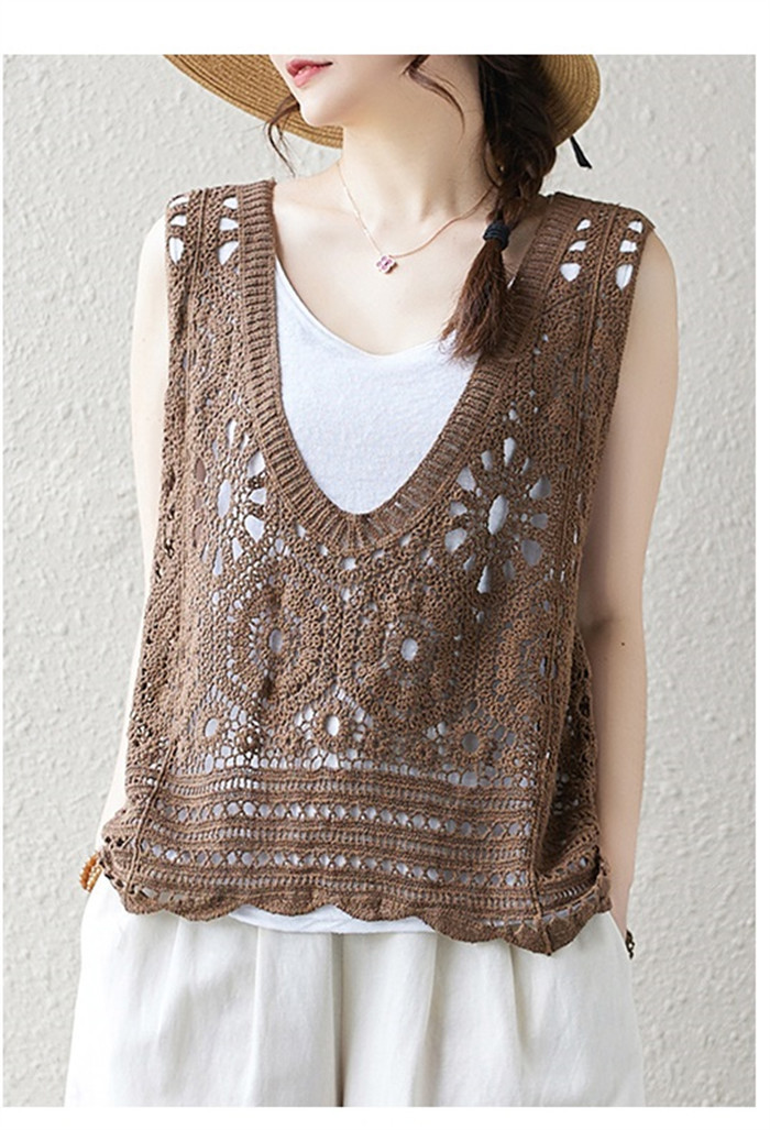 ベスト レディース 春夏 トップス 透かし編み プルオーバー Uネック かぎ編み カジュアル 無地 レイヤード ニットベスト きれいめ フェミニン ノースリーブ 大人可愛い 羽織 体型カバー 着痩せ おしゃれ 大きいサイズ 送料無料 クロシェ編み