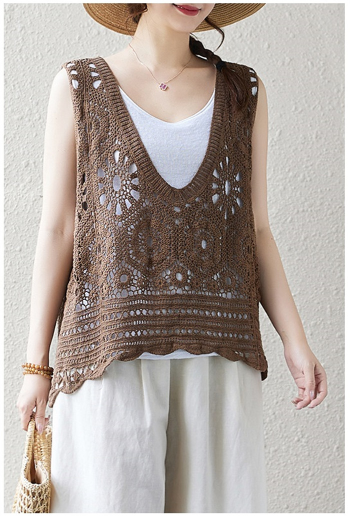 ベスト レディース 春夏 トップス 透かし編み プルオーバー Uネック かぎ編み カジュアル 無地 レイヤード ニットベスト きれいめ フェミニン ノースリーブ 大人可愛い 羽織 体型カバー 着痩せ おしゃれ 大きいサイズ 送料無料 クロシェ編み