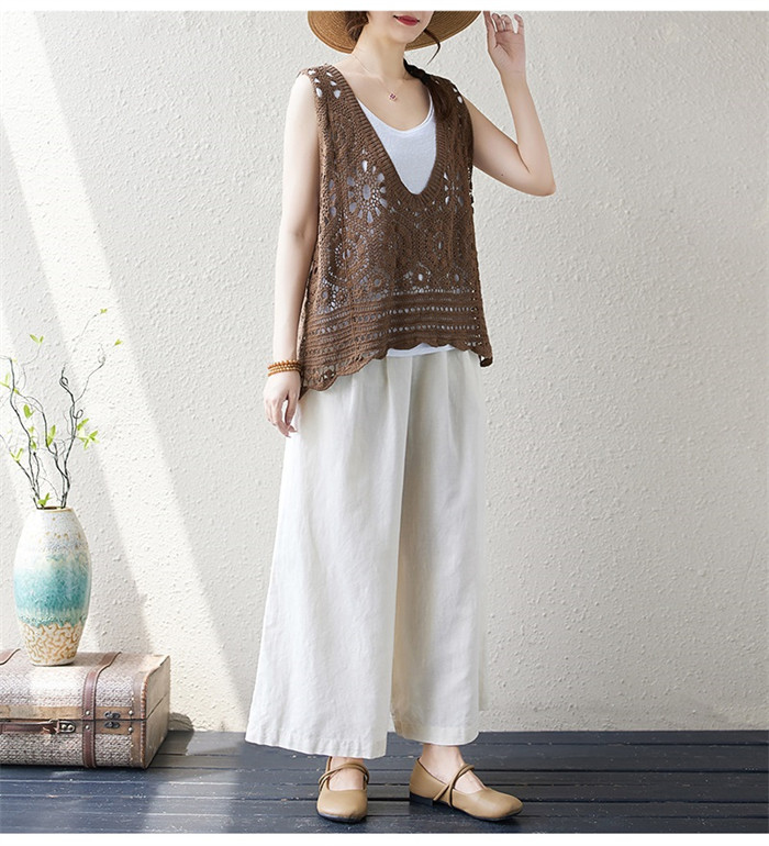 ベスト レディース 春夏 トップス 透かし編み プルオーバー Uネック かぎ編み カジュアル 無地 レイヤード ニットベスト きれいめ フェミニン ノースリーブ 大人可愛い 羽織 体型カバー 着痩せ おしゃれ 大きいサイズ 送料無料 クロシェ編み