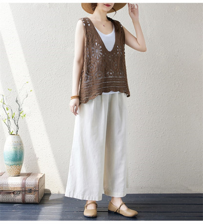 ベスト レディース 春夏 トップス 透かし編み プルオーバー Uネック かぎ編み カジュアル 無地 レイヤード ニットベスト きれいめ フェミニン ノースリーブ 大人可愛い 羽織 体型カバー 着痩せ おしゃれ 大きいサイズ 送料無料 クロシェ編み