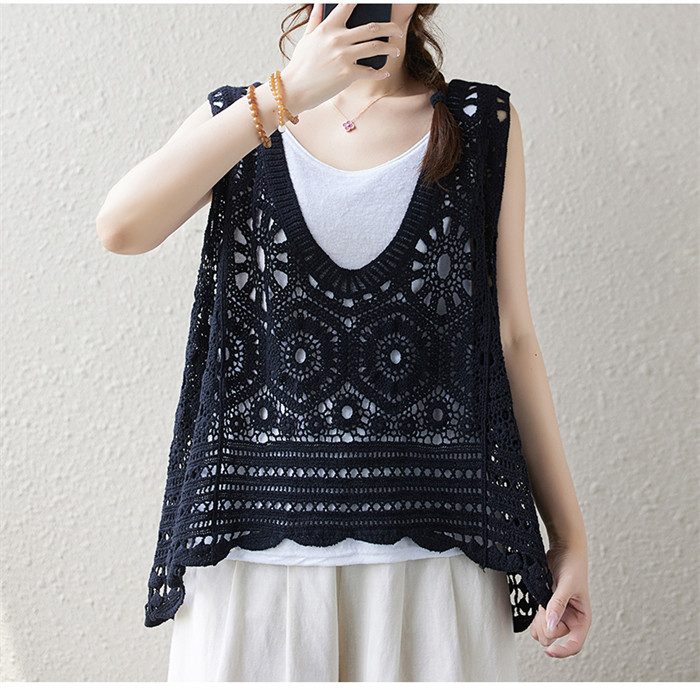 ベスト レディース 春夏 トップス 透かし編み プルオーバー Uネック かぎ編み カジュアル 無地 レイヤード ニットベスト きれいめ フェミニン ノースリーブ 大人可愛い 羽織 体型カバー 着痩せ おしゃれ 大きいサイズ 送料無料 クロシェ編み