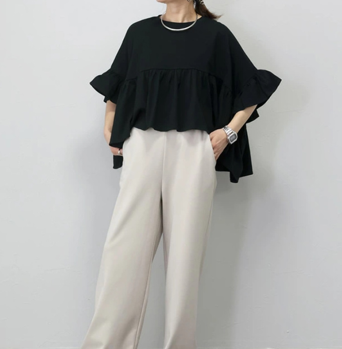 Tシャツ レディース ゆったり 七分袖 ブラウス 綿 コットン チュニック フレンチスリーブ フリル 通気性 プリーツ スタンドカラー トップス コットン 着心地 柔らかい おしゃれ 半袖シャツ トップス 無地 春 夏 秋 大人可愛い 送料無料