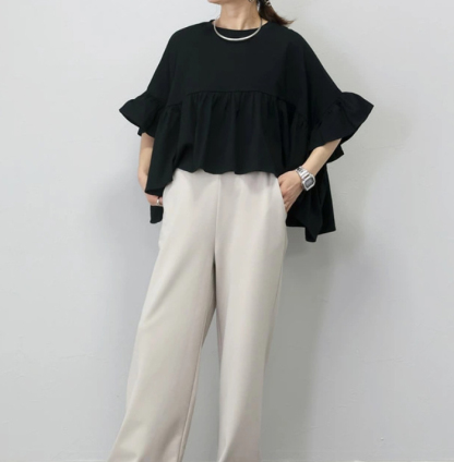 Tシャツ レディース ゆったり 七分袖 ブラウス 綿 コットン チュニック フレンチスリーブ フリル 通気性 プリーツ スタンドカラー トップス コットン 着心地 柔らかい おしゃれ 半袖シャツ トップス 無地 春 夏 秋 大人可愛い 送料無料