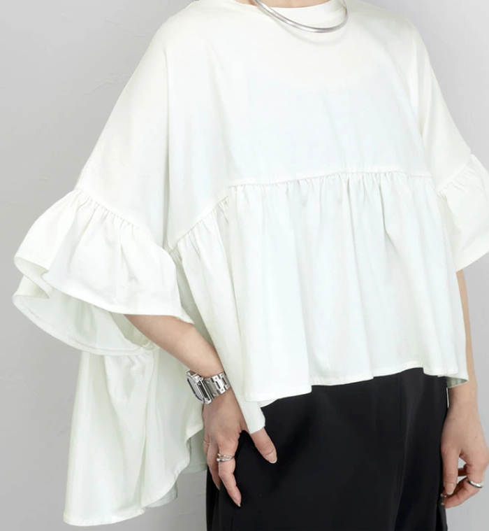 Tシャツ レディース ゆったり 七分袖 ブラウス 綿 コットン チュニック フレンチスリーブ フリル 通気性 プリーツ スタンドカラー トップス コットン 着心地 柔らかい おしゃれ 半袖シャツ トップス 無地 春 夏 秋 大人可愛い 送料無料