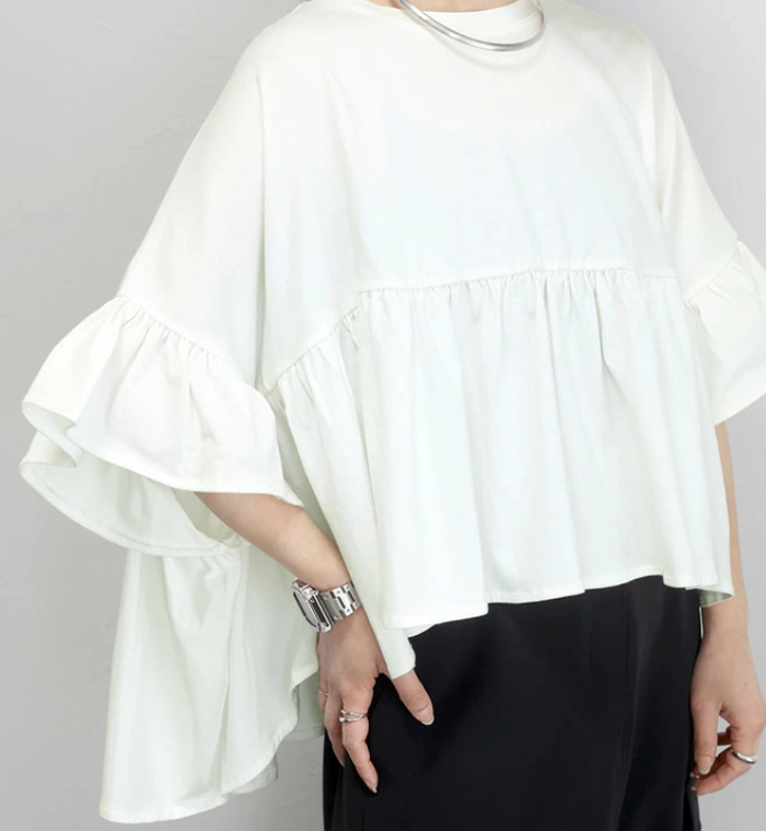 Tシャツ レディース ゆったり 七分袖 ブラウス 綿 コットン チュニック フレンチスリーブ フリル 通気性 プリーツ スタンドカラー トップス コットン 着心地 柔らかい おしゃれ 半袖シャツ トップス 無地 春 夏 秋 大人可愛い 送料無料