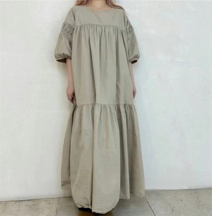 <br>ロングワンピース 半袖 夏 レディース きれいめ フォーマル 大きいサイズ ロング マキシワンピース Uネック ぽわん袖 バルーンスリープ ティアードワンピース ティアード きれいめ マキシ丈 無地 ワンピース ビッグシルエット ゆるっと カジュアル 大人 送料無料