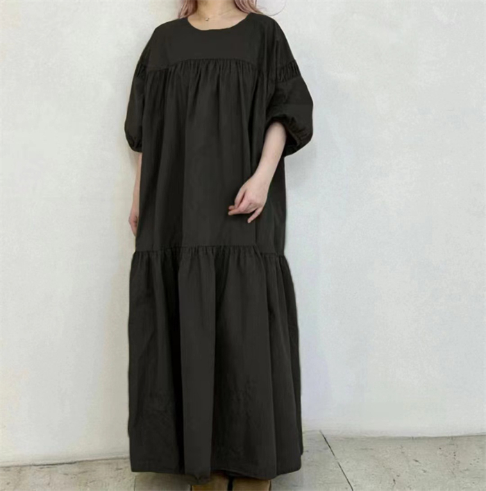 <br>ロングワンピース 半袖 夏 レディース きれいめ フォーマル 大きいサイズ ロング マキシワンピース Uネック ぽわん袖 バルーンスリープ ティアードワンピース ティアード きれいめ マキシ丈 無地 ワンピース ビッグシルエット ゆるっと カジュアル 大人 送料無料