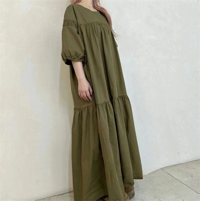 <br>ロングワンピース 半袖 夏 レディース きれいめ フォーマル 大きいサイズ ロング マキシワンピース Uネック ぽわん袖 バルーンスリープ ティアードワンピース ティアード きれいめ マキシ丈 無地 ワンピース ビッグシルエット ゆるっと カジュアル 大人 送料無料