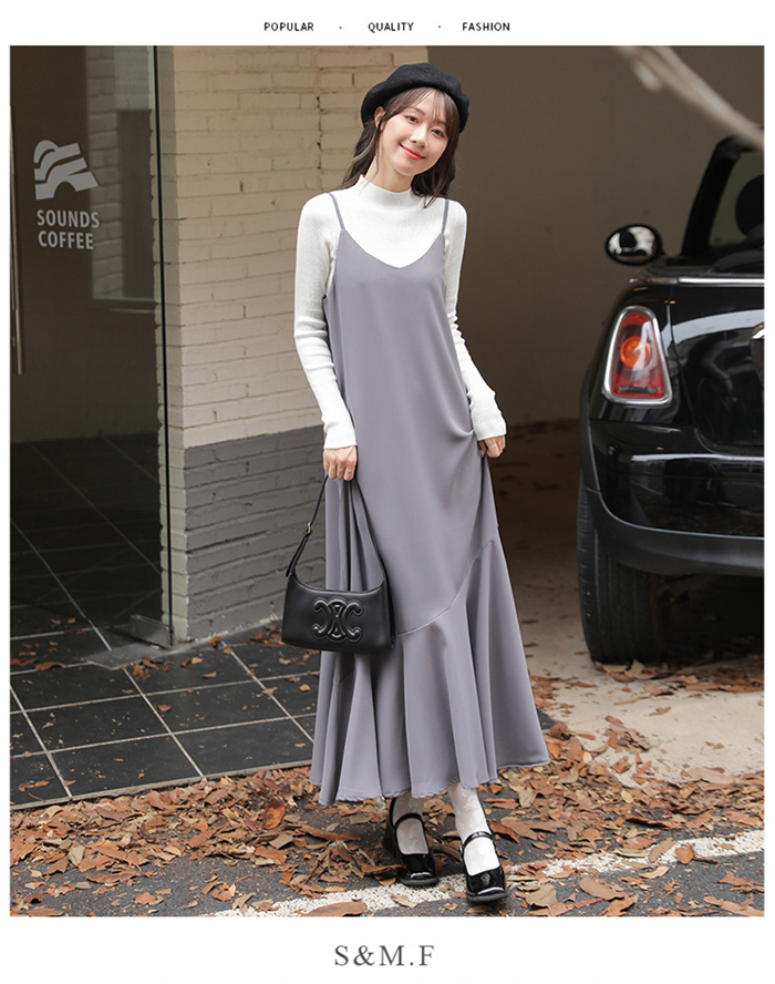 キャミワンピース サロペット マーメイドワンピース レディース マーメイド 秋 夏 黒 ジャンパースカート ベーシック ゆったり 無地 体型カバー 大きいサイズ キャミ ロングワンピース ロング丈 キャミソール オールシーズン 春夏秋冬 送料無料