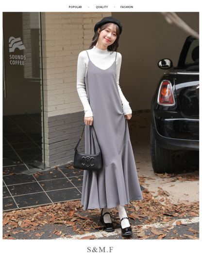 キャミワンピース サロペット マーメイドワンピース レディース マーメイド 秋 夏 黒 ジャンパースカート ベーシック ゆったり 無地 体型カバー 大きいサイズ キャミ ロングワンピース ロング丈 キャミソール オールシーズン 春夏秋冬 送料無料