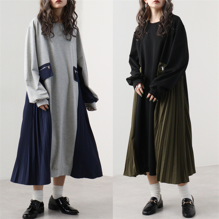 <br>ロングワンピース レディース 長袖 秋冬 きれいめ トレーナー 大きいサイズ ロング丈 ワンピース 黒 プリーツワンピース 異素材 切替 着瘦せ 通勤 レイヤード風 プリーツ トレーナーワンピース ブラック 柔らか コーデ 大人 冬 送料無料 カジュアル 上品 ゆったり